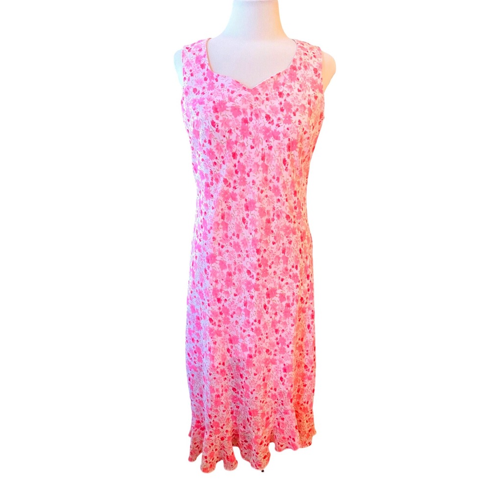 Y2k VTG Dressbarn dress Pink Floral Sleeveless V-Neck Ruffle Hem Midi Size 8